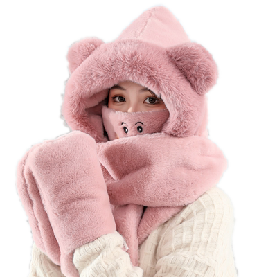 小熊帽子+围巾+手套+口罩一体