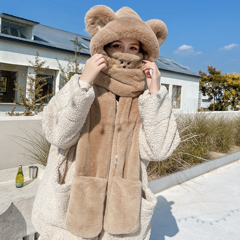 小熊口罩帽子冬天冬季围巾一体手套围脖连帽女可爱保暖三件套秋冬