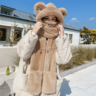 小熊口罩帽子冬天冬季围巾一体手套围脖连帽女可爱保暖三件套秋冬
