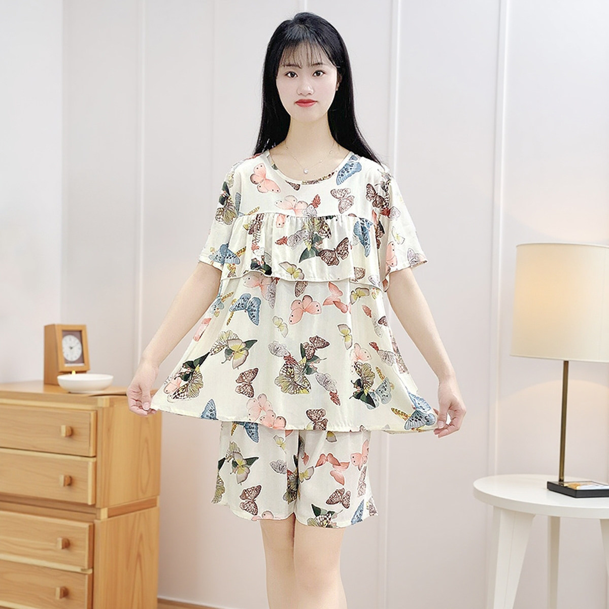 棉绸短袖睡衣女款2025新款夏冰丝不带胸垫一体防凸点家居服可外穿