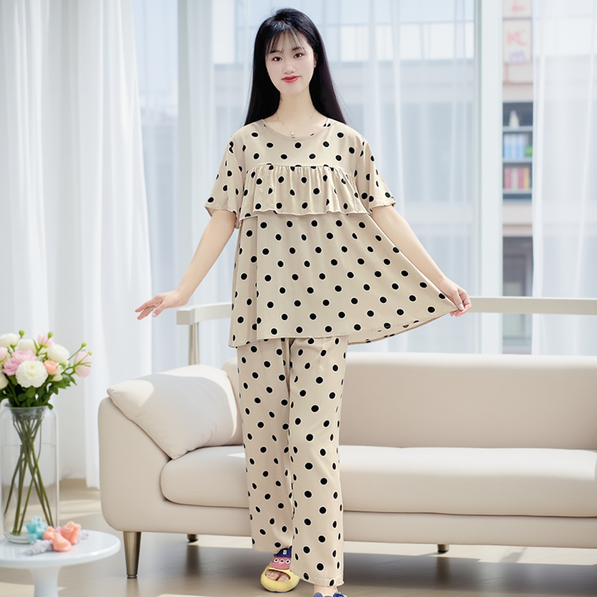 2025新款短袖棉绸睡衣女夏不带胸垫一体防凸点中年家居服可外穿