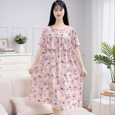 短袖棉绸睡裙夏天冰丝不带胸垫一体防凸点莫代尔家居服可外穿睡衣