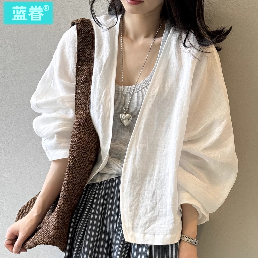 高级感苎麻开衫外套女2025年夏季新款法式轻奢防晒衫长袖衬衫上衣
