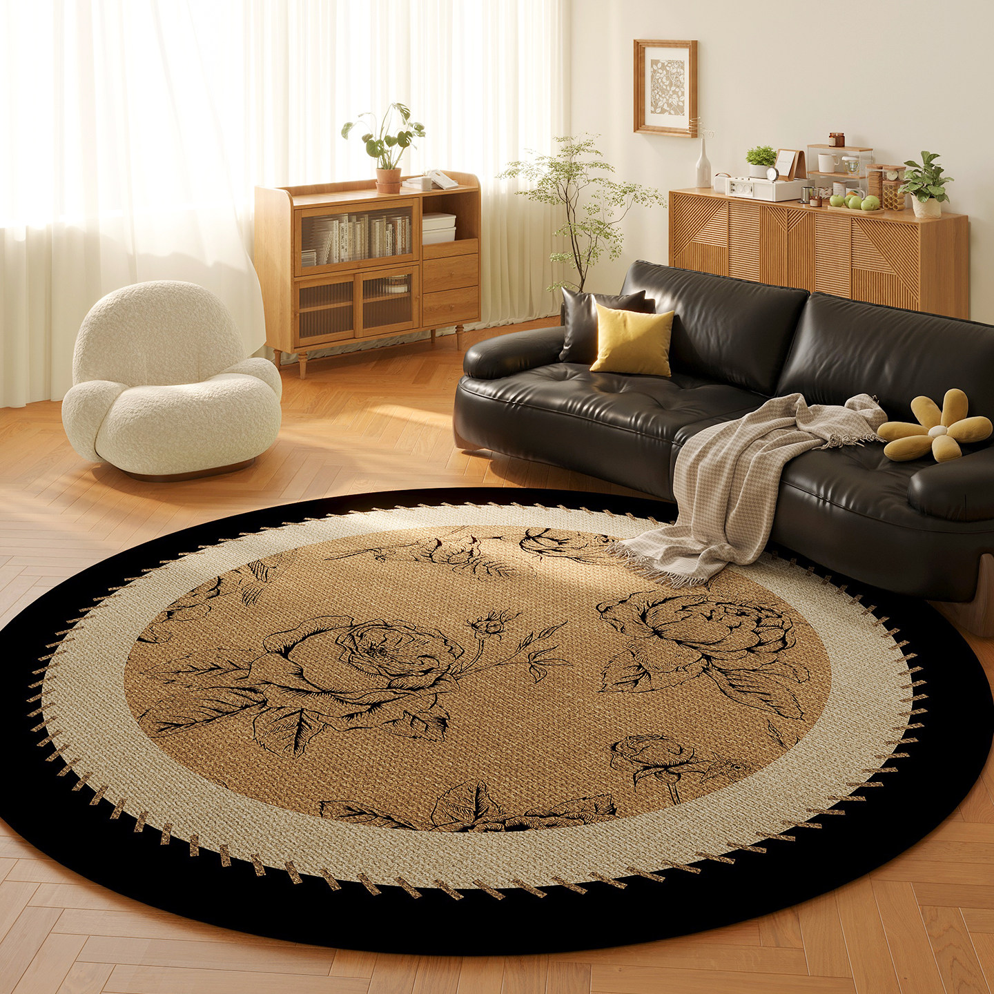圆形客厅地毯高级感中古风卧室沙发茶几垫子新款复古免洗转椅地垫,居家布艺,地毯,淘宝优惠券,粉丝福利购,淘宝优惠卷