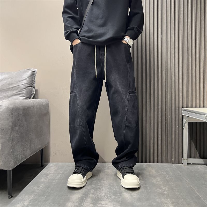 春秋款松紧腰高弹力牛仔裤男青年抽绳束脚哈伦裤弹性长裤子潮男装