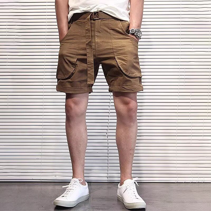阿美咔叽五分裤夏季男士修身直筒白色薄款微弹力短裤工装马裤男潮