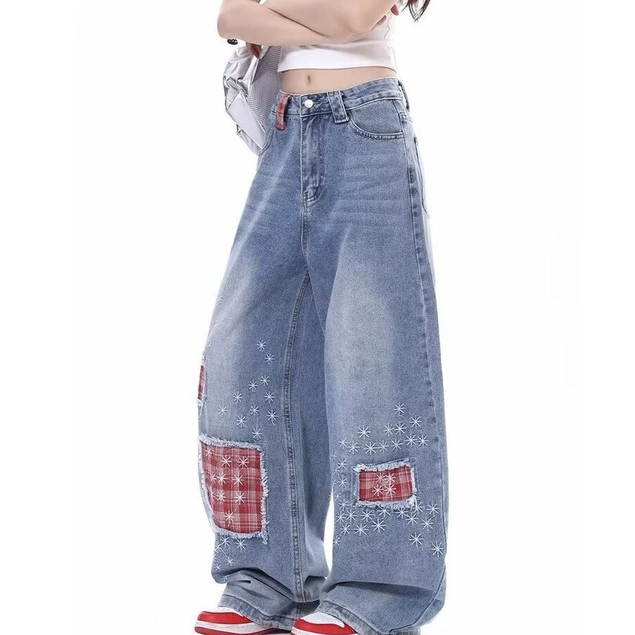 港风复古格子拼接牛仔裤女生春季2025新款设计感阔腿直筒拖地裤子