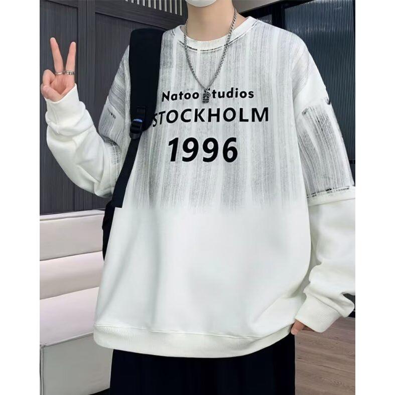 美式重磅圆领卫衣男士宽松复古潮牌秋冬无帽套头加绒外套上衣