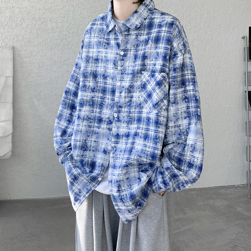TEDDYISLAND扎染美式街头格子衬衫外套男女宽松情侣防晒长袖衬衣