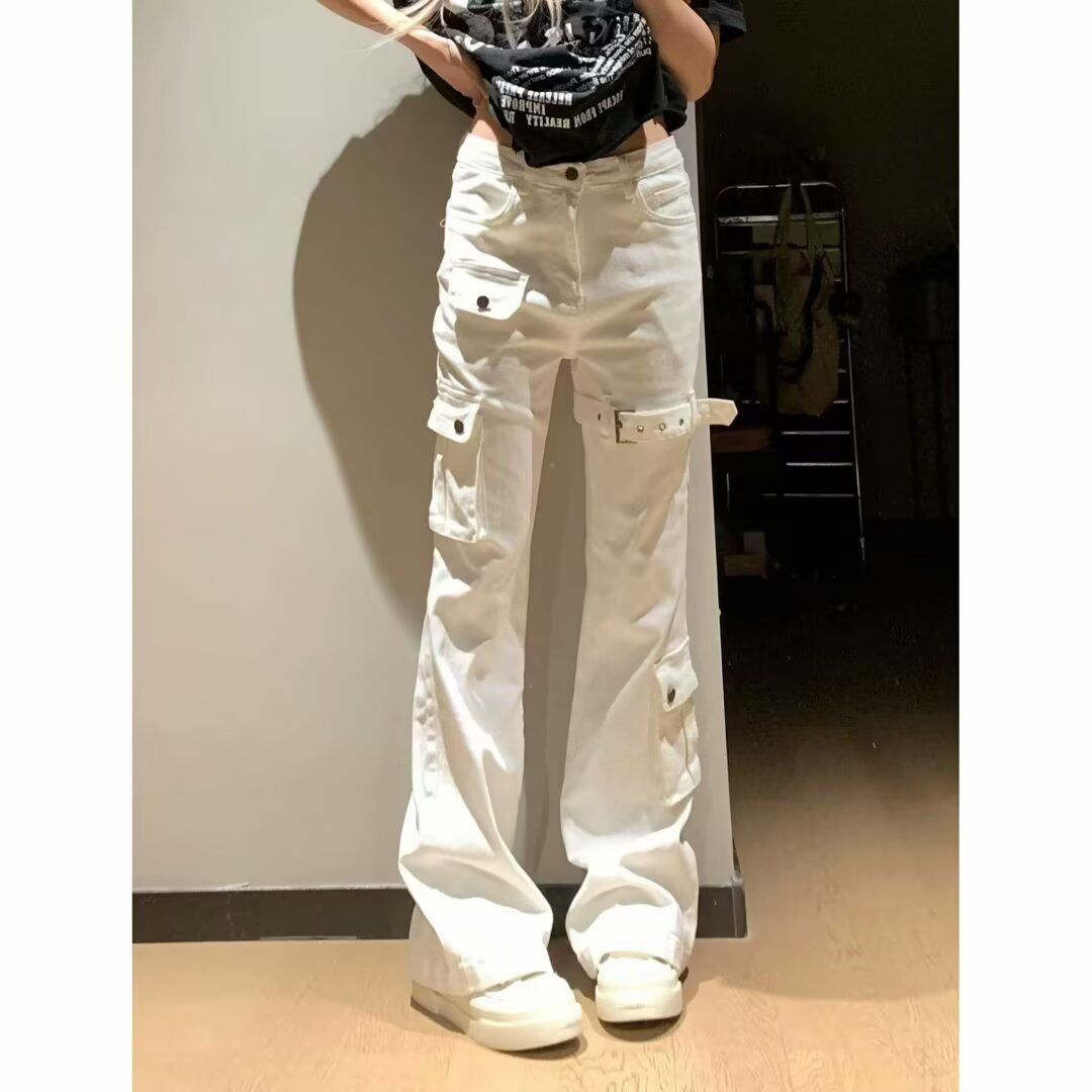美式复古白色多口袋绑带微喇牛仔裤女辣妹设计感修身显瘦马蹄长裤
