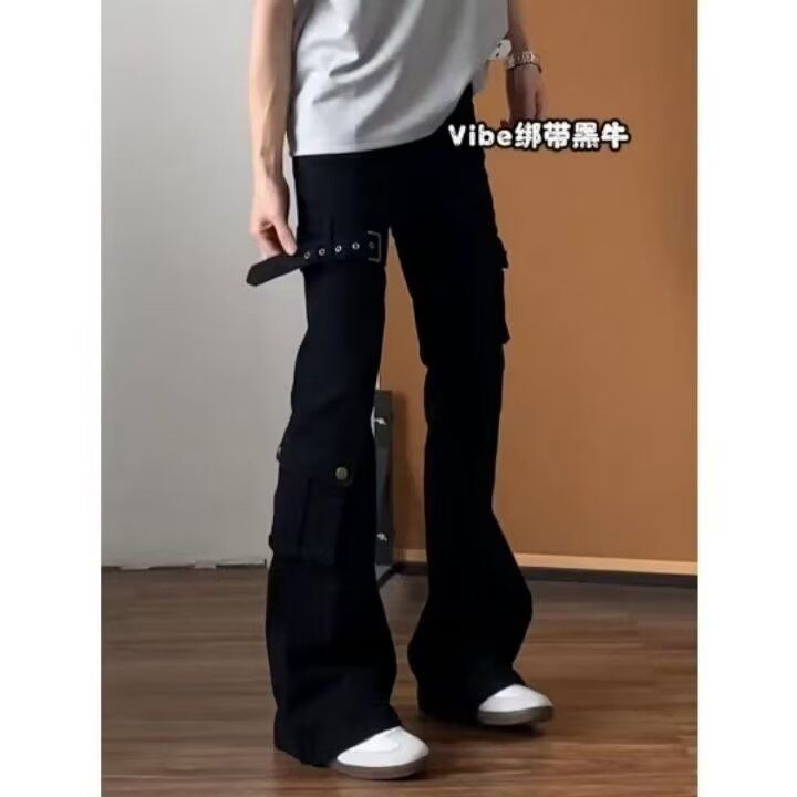 夏季白色绑带微喇牛仔裤男cleanfit美式高街vibe喇叭修身工装裤子