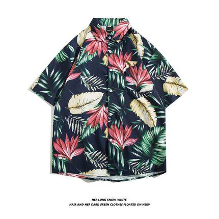 复古薄款花衬衫男夏季宽松休闲短袖衬衣潮牌潮流港风痞帅开衫外套