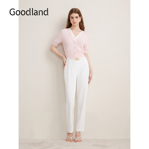 Goodland美地夏季白色防透直筒弹力长裤西装休闲裤