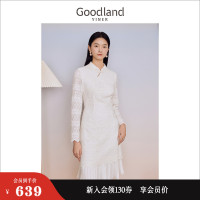 [新中式]Goodland美地女装2023冬季 国风旗袍绣花蕾丝连衣裙