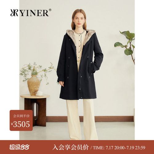 YINER音儿专选女装冬季时尚中长款抽绳收腰水貂毛连帽派克服皮草