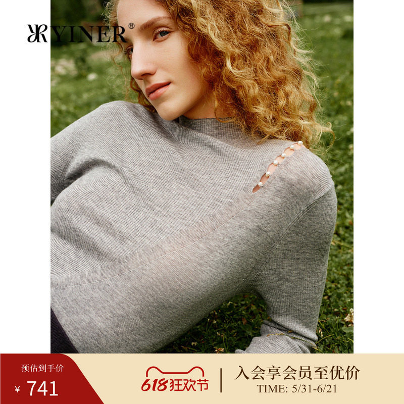 YINER音儿女装冬季时尚半高领钉珠镂空拼接羊毛真丝混纺针织衫