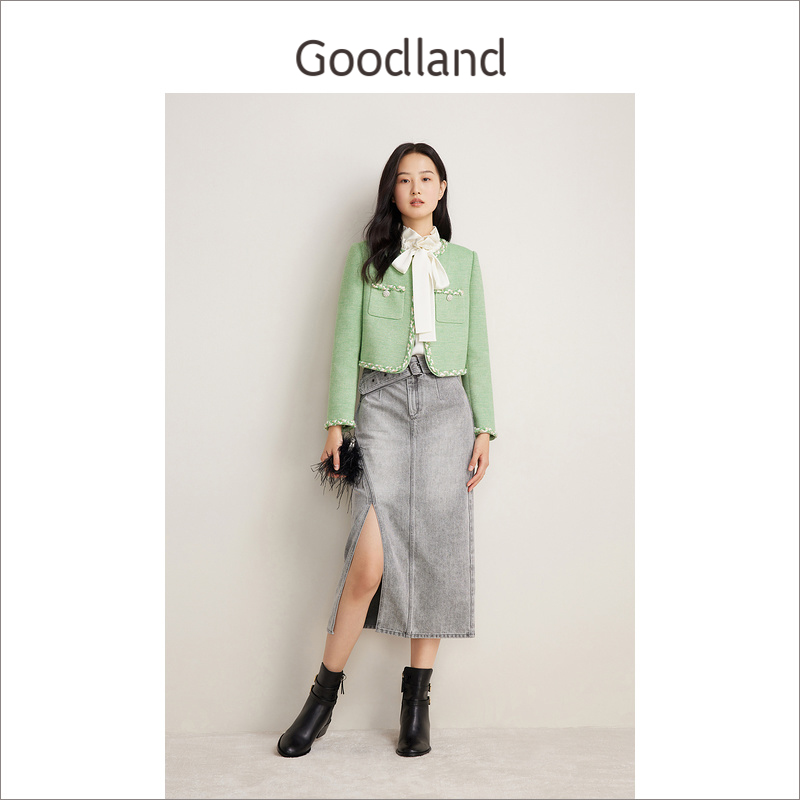 Goodland美地女装春季法式优雅羊毛果绿色小香风短外套