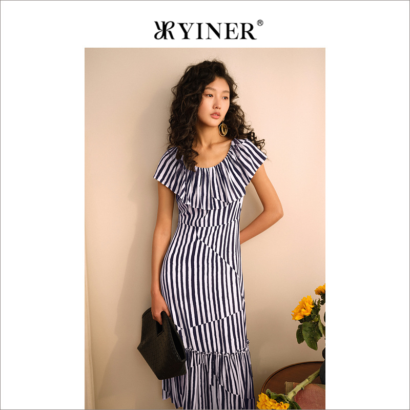YINER音儿女装夏季法式艺术条纹荷叶边拼接桑蚕丝连衣裙