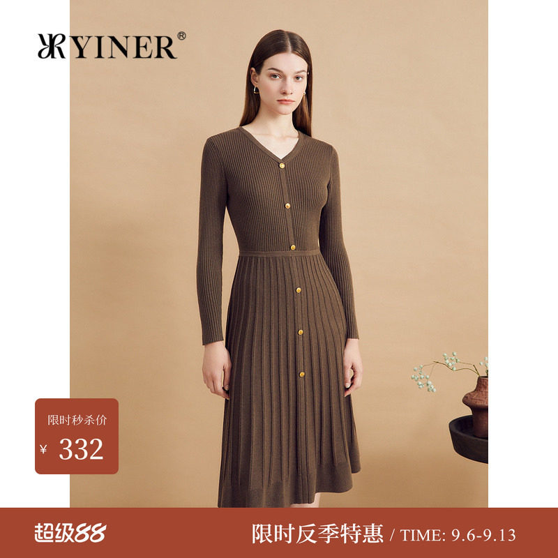 音儿冬季羊毛V领修身针织连衣裙图片