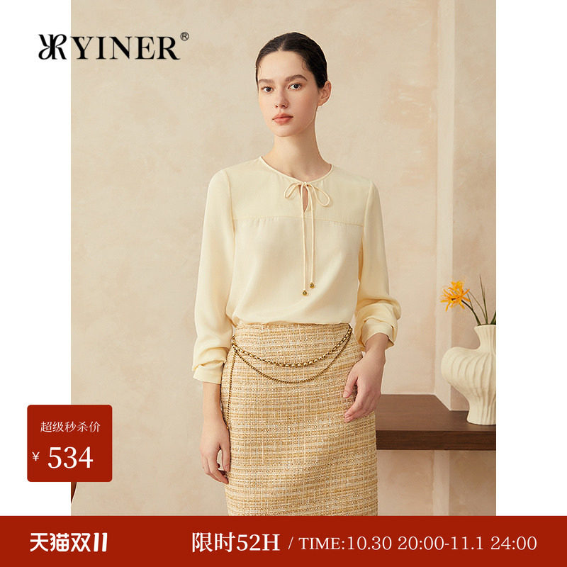 YINER音儿女装春季法式系带圆领弹力重绉桑蚕丝衬衫上衣长袖通勤