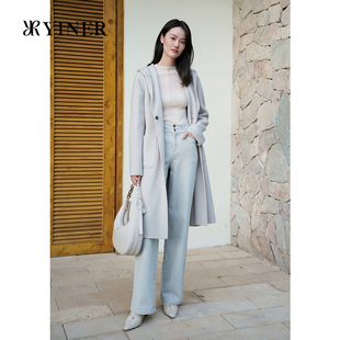 美丽诺羊毛YINER音儿冬季狐狸绒毛呢大衣外套女长款