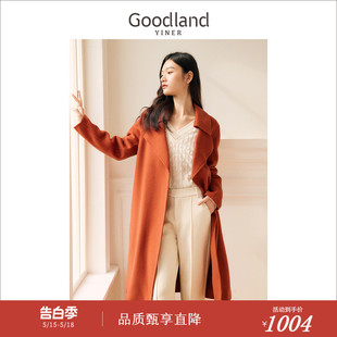 2023冬季 Goodland美地女装 大翻领橙色双面毛呢大衣 纯绵羊毛