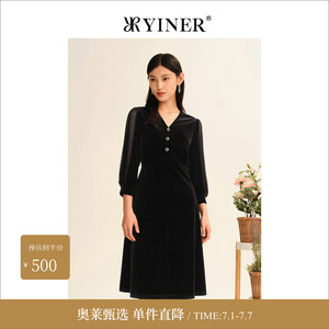 【小黑裙】YINER音儿专选女装春赫本风v领丝绒气质连衣裙
