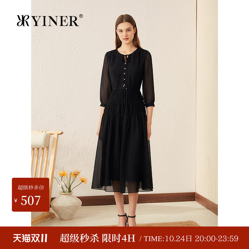 YINER音儿专选夏季新款法式飘带领华夫格泡泡纱蛋糕裙连衣裙