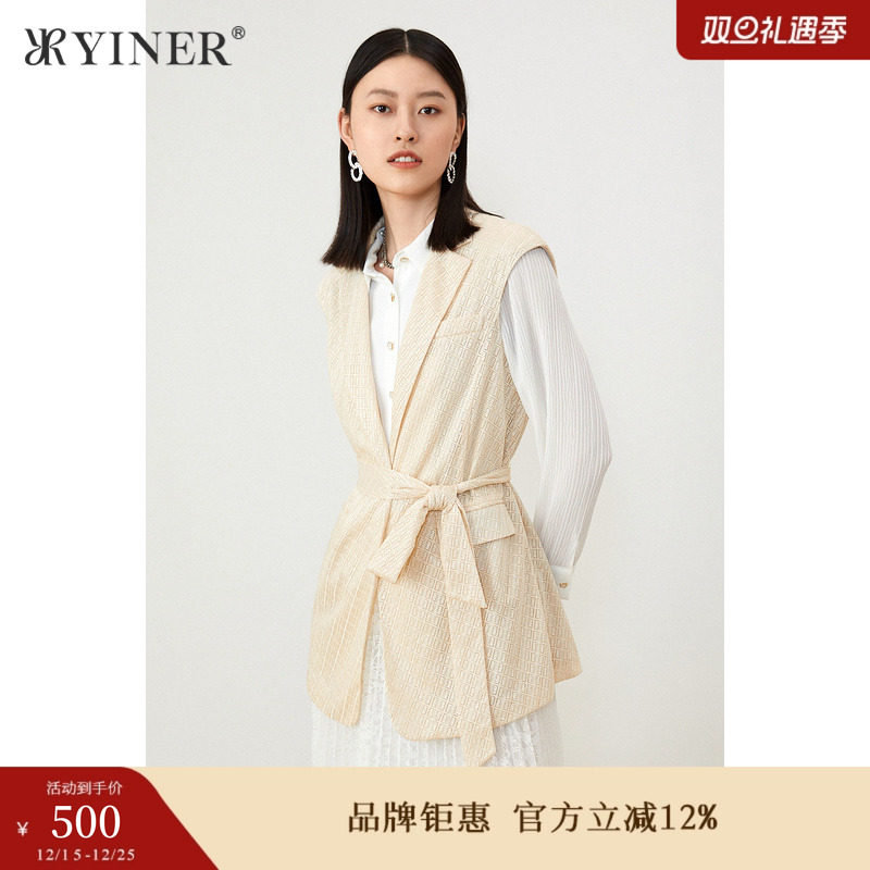 YINER音儿女装夏季无袖系带收腰西装领衬衫