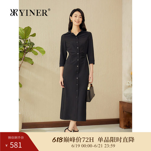 YINER音儿夏季新款弹力法式复古衬衫领透气优雅显瘦连衣裙