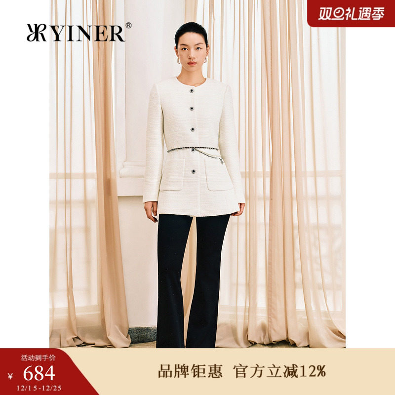 YINER音儿女装女装冬季时尚法式小香风圆领羊毛混纺短外套