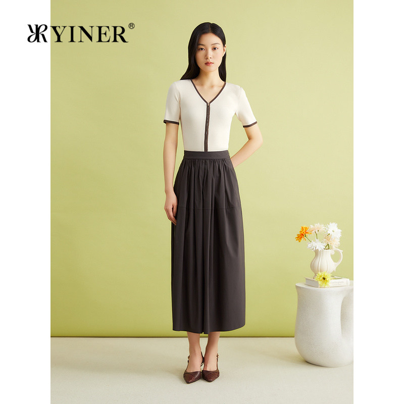 【真丝系列】YINER音儿女装春季撞色V领桑蚕丝毛针织衫