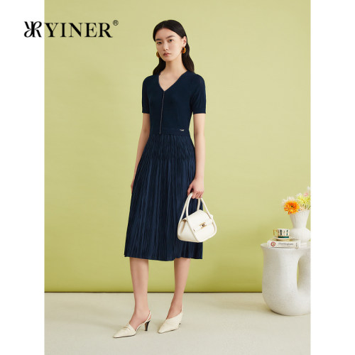 【宝莱纱】YINER音儿专选夏季法式压褶针织优雅连衣裙