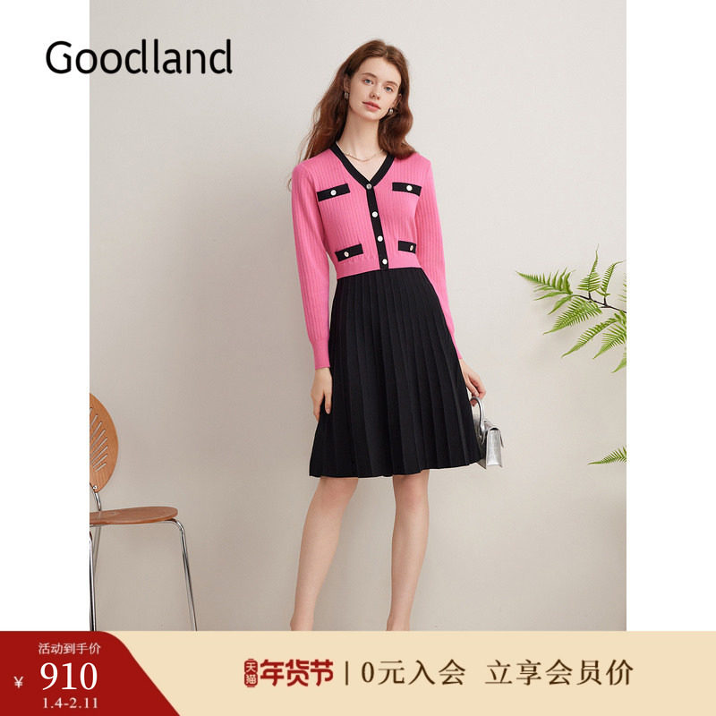 Goodland美地女装女装秋季时尚法式撞色V领假两件针织连衣裙,女装/女士精品,连衣裙,淘宝优惠券,粉丝福利购,淘宝优惠卷