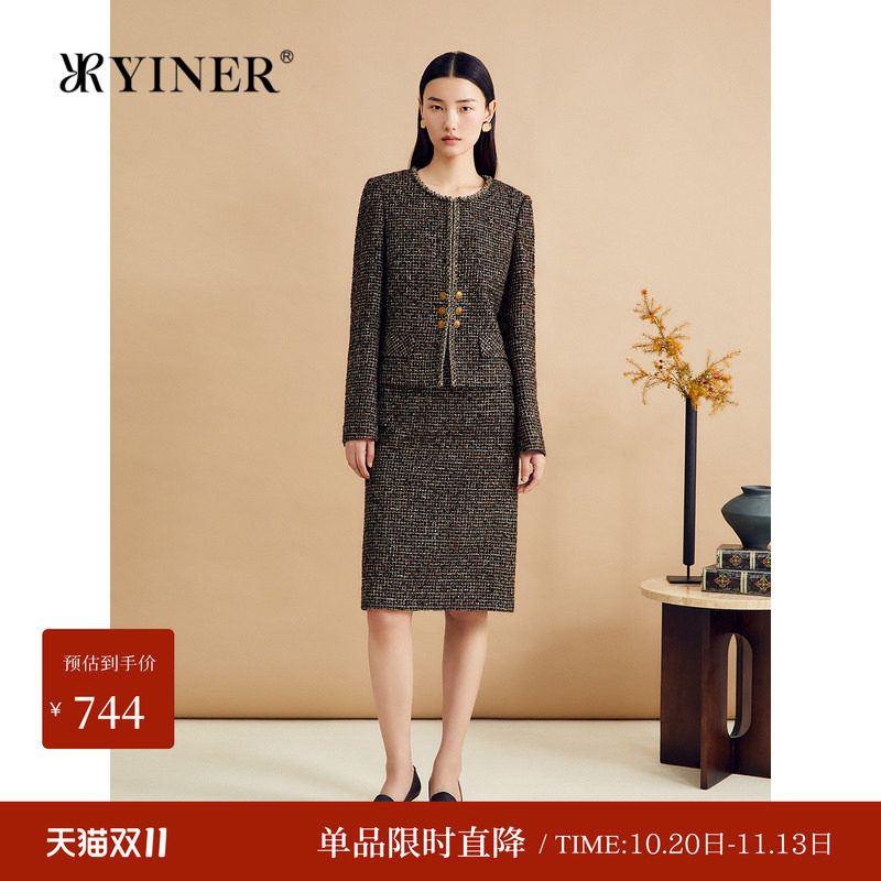YINER音儿秋季超细羊毛金色亮纱小香风粗花呢短外套圆领长袖通勤