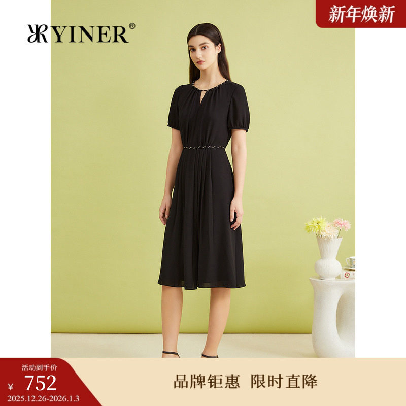 YINER音儿专选女装夏季法式小黑裙镂空小V领连衣裙