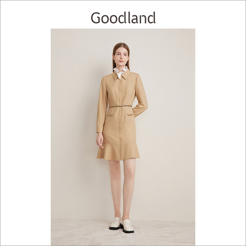 Goodland美地春季拉夫领撞色荷叶边裙摆连衣裙长袖