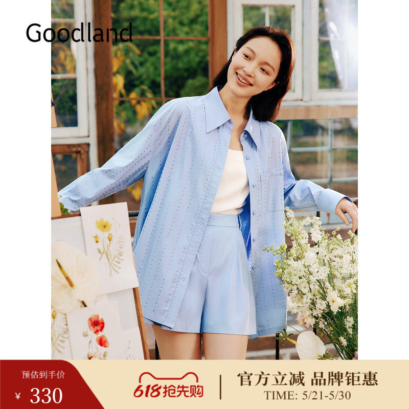 Goodland美地夏季高腰海蓝烫钻休闲短裤
