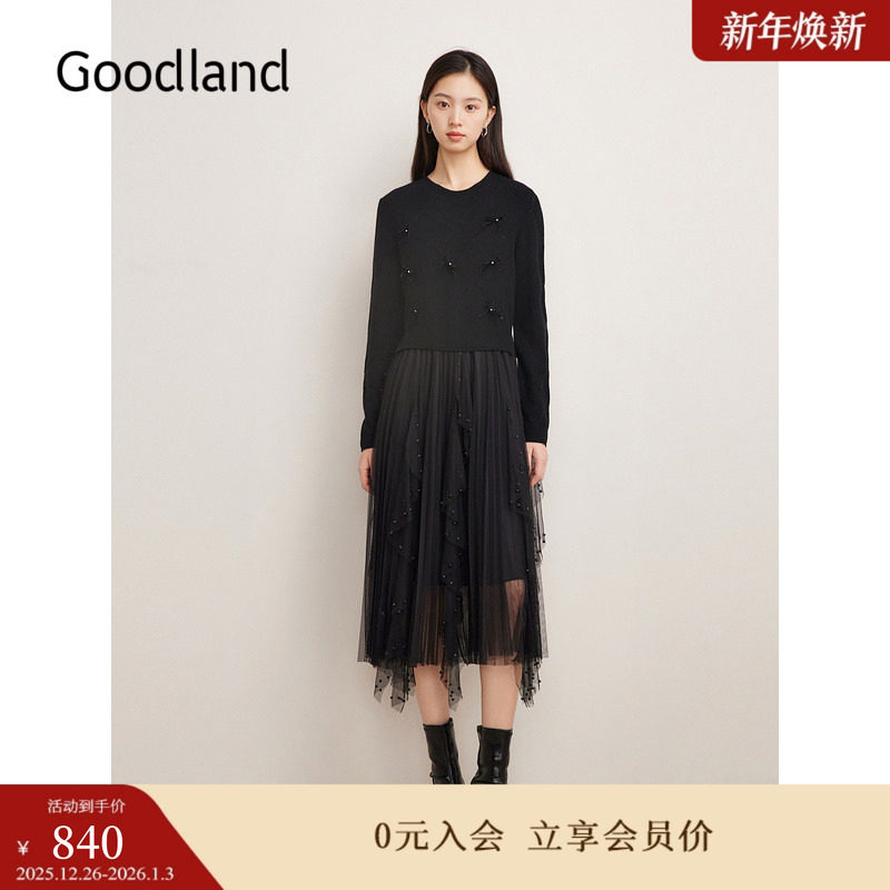 Goodland美地女装冬季时尚羊毛小黑裙拼接假两件网纱连衣裙
