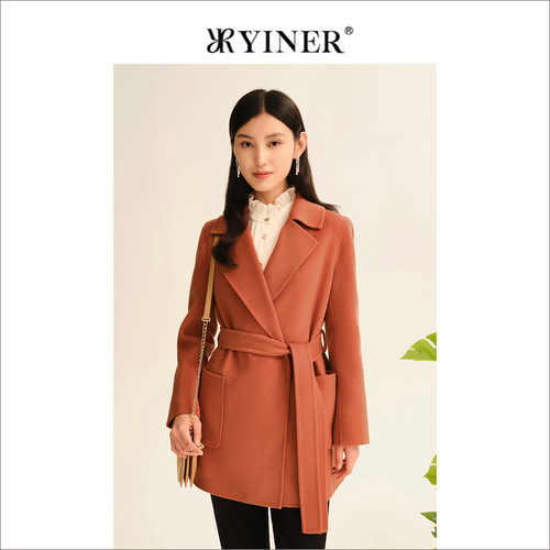 YINER音儿专选女装冬季西装领中长款双面羊毛呢收腰外套