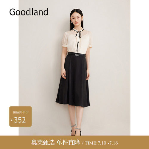 Goodland美地女装夏季法式优雅小黑裙双曲纱线半身裙
