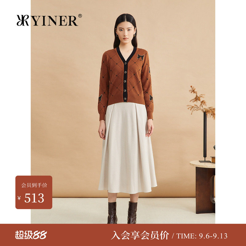 YINER音儿女装时尚短款卡通猫咪图案V领针织开衫毛衣上衣女长袖秋