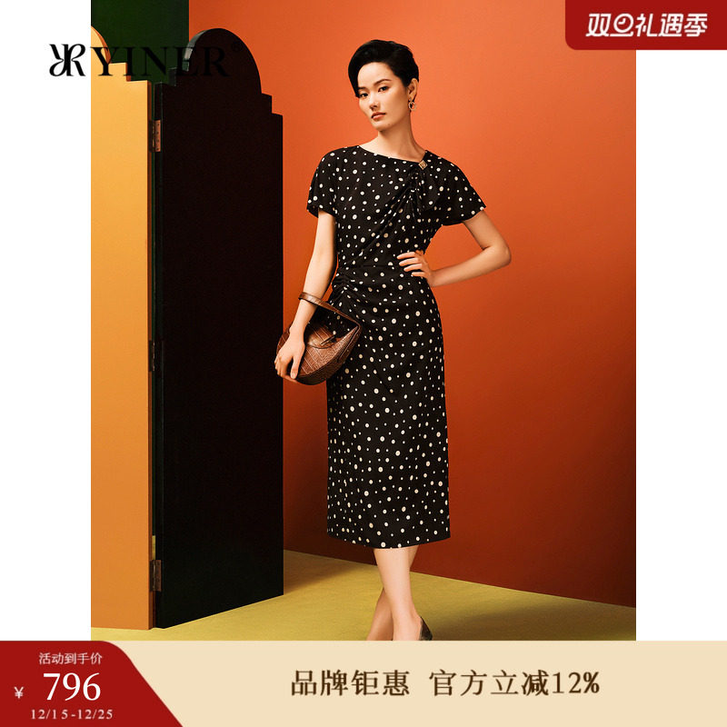【1996系列】YINER音儿女装夏季弹力真丝波点印花连衣裙