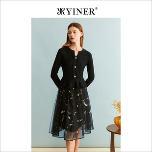 YINER音儿专选春季 优雅假两件网纱华丽刺绣拼接收腰连衣裙 法式