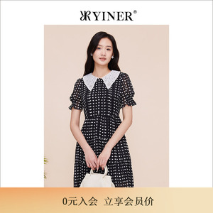 YINER音儿专选女装夏季蕾丝翻领公主袖度假风连衣裙