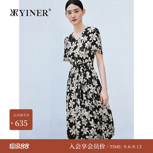 音儿夏季新款斜纹绸百合花连衣裙