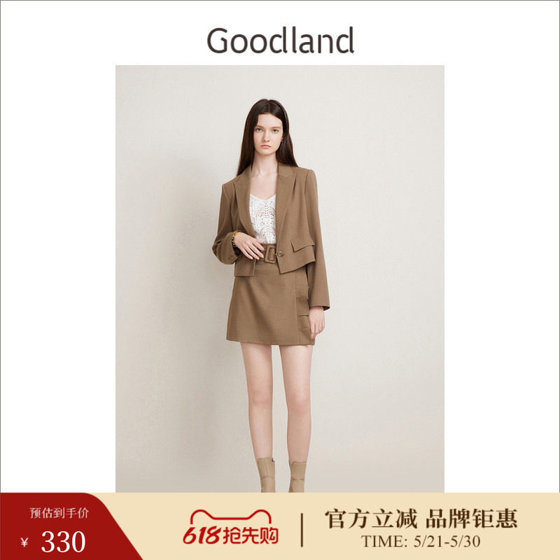 Goodland美地春季女装法式优雅压褶花边包臀西装半身裙