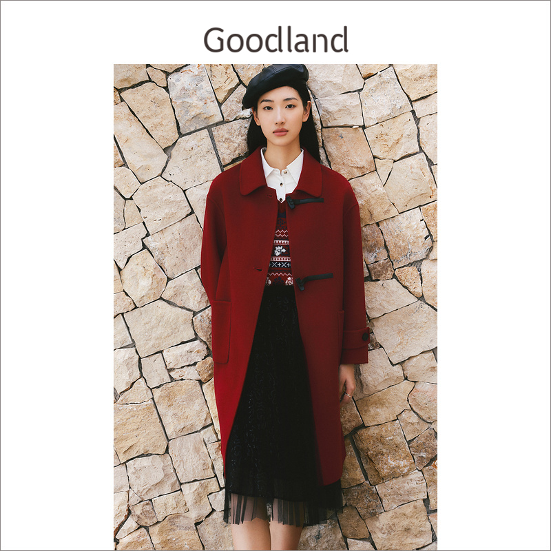 Goodland美地女装冬安可拉红H型纯羊毛双面呢大衣
