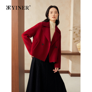 【中国红】YINER音儿2025春季新款绵羊毛羊绒可拆针织领毛呢外套