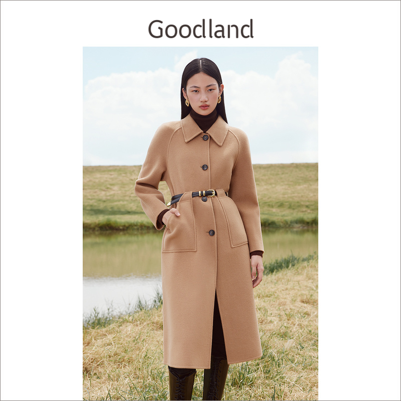 【100绵羊毛】Goodland美地女装冬季双面毛呢大衣卡其外套